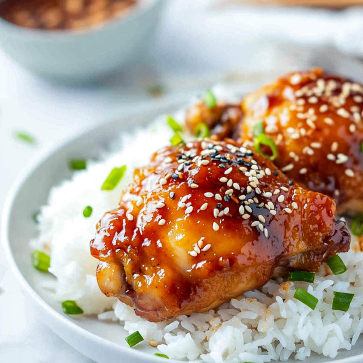 Close-up of honey garlic chicken thighs over rice, garnished with sesame seeds and chopped green onions.