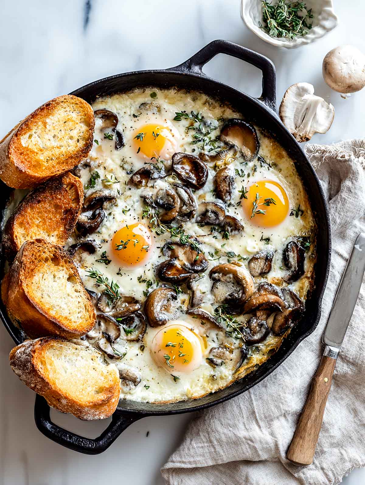 Top-down view of creamy mushroom and thyme eggs cooked in a cast iron skillet, with softly set eggs, sliced mushrooms in a rich cream sauce, fresh thyme scattered on top, and toasted bread slices served alongside on a white marble surface.