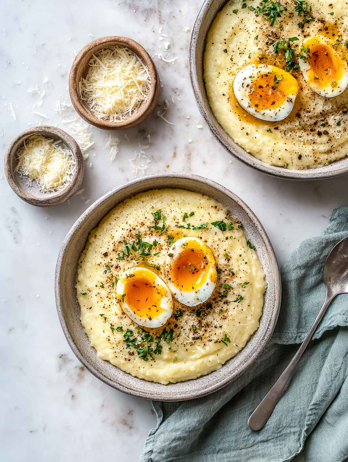 Two ceramic bowls of creamy pale-yellow polenta topped with halved jammy eggs, cracked black pepper, chopped parsley, finely grated Parmesan, and a light drizzle of olive oil, photographed from above on a lightly veined white marble surface with small bowls of grated cheese nearby.