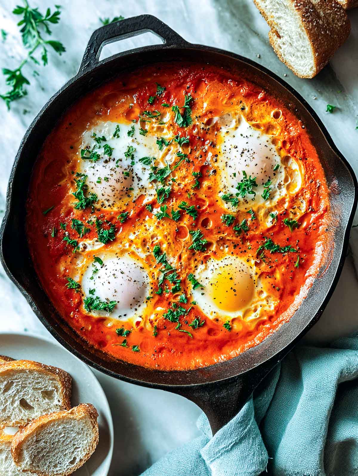 Top-down view of eggs gently cooked in a thick roasted red pepper sauce in a cast iron skillet, garnished with parsley and black pepper, with sliced rustic bread on a small plate partially visible on a white marble surface.