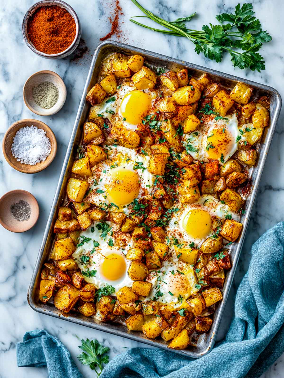 Sheet pan dinner with paprika roasted potatoes and baked eggs on white marble surface.