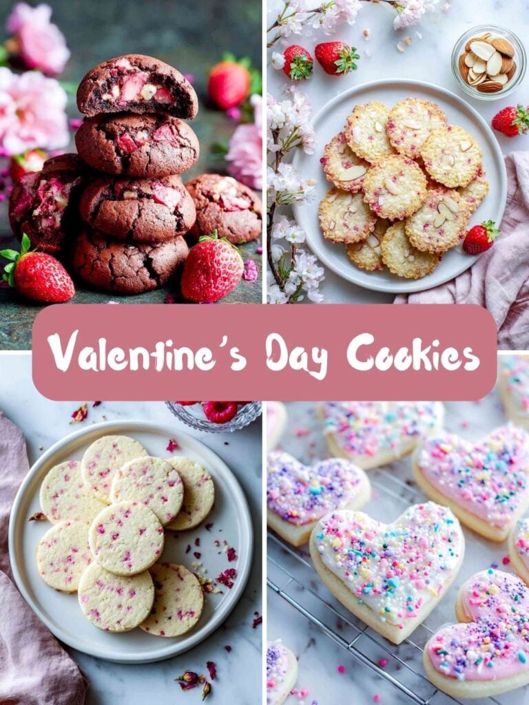 A four-image collage of Valentine's Day cookies.