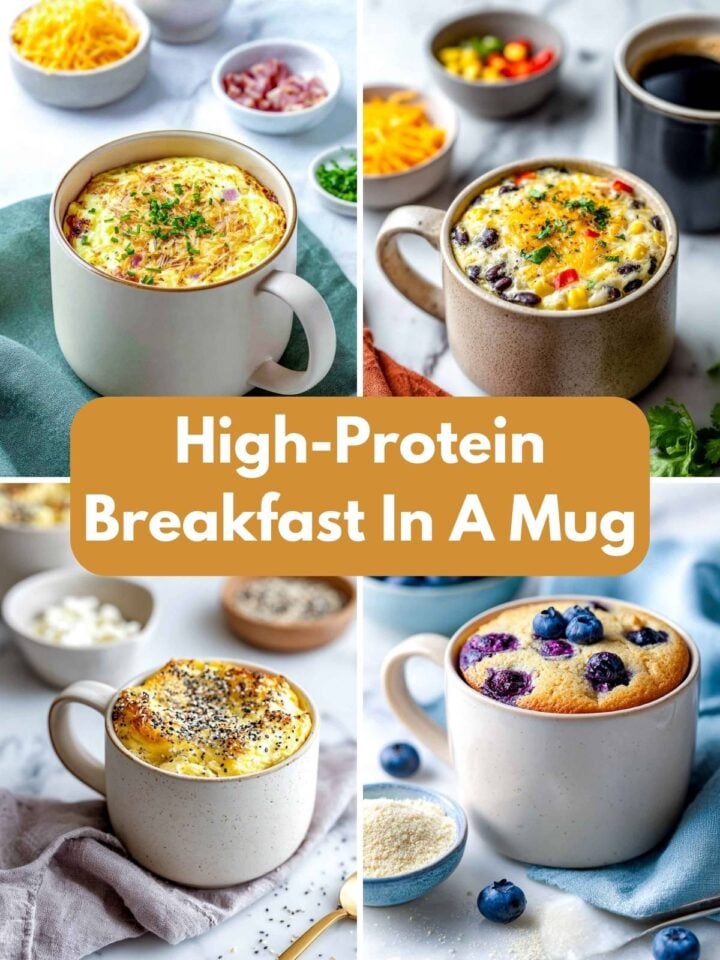 A four-image collage of high protein breakfast recipes in a mug.