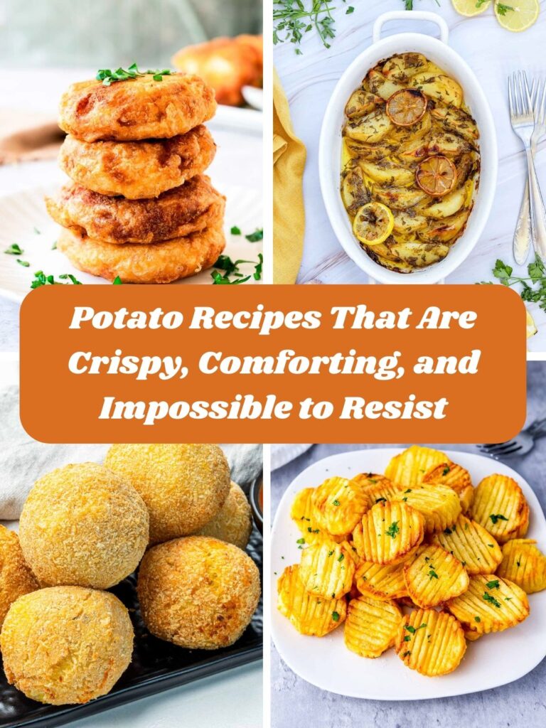 Collage of crispy potato dishes including golden potato fritters, a baked herb potato casserole with lemon slices, breaded potato croquettes, and ridged roasted potatoes, with text overlay reading “Potato Recipes That Are Crispy, Comforting, and Impossible to Resist.”