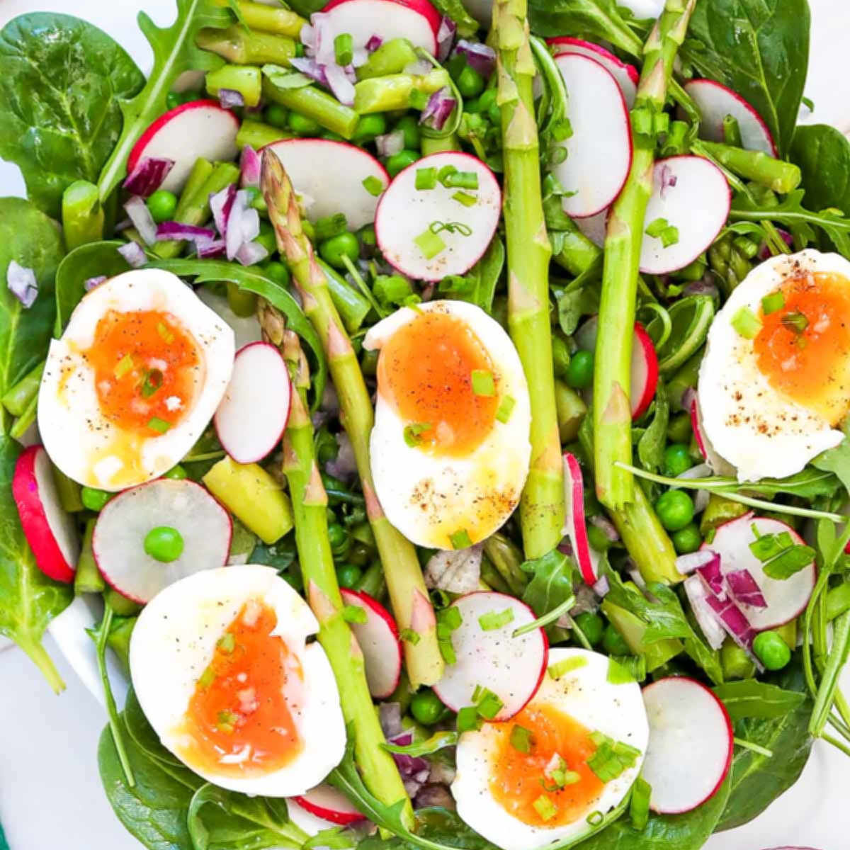 Asparagus and pea salad topped with soft-boiled eggs, sliced radishes, and greens