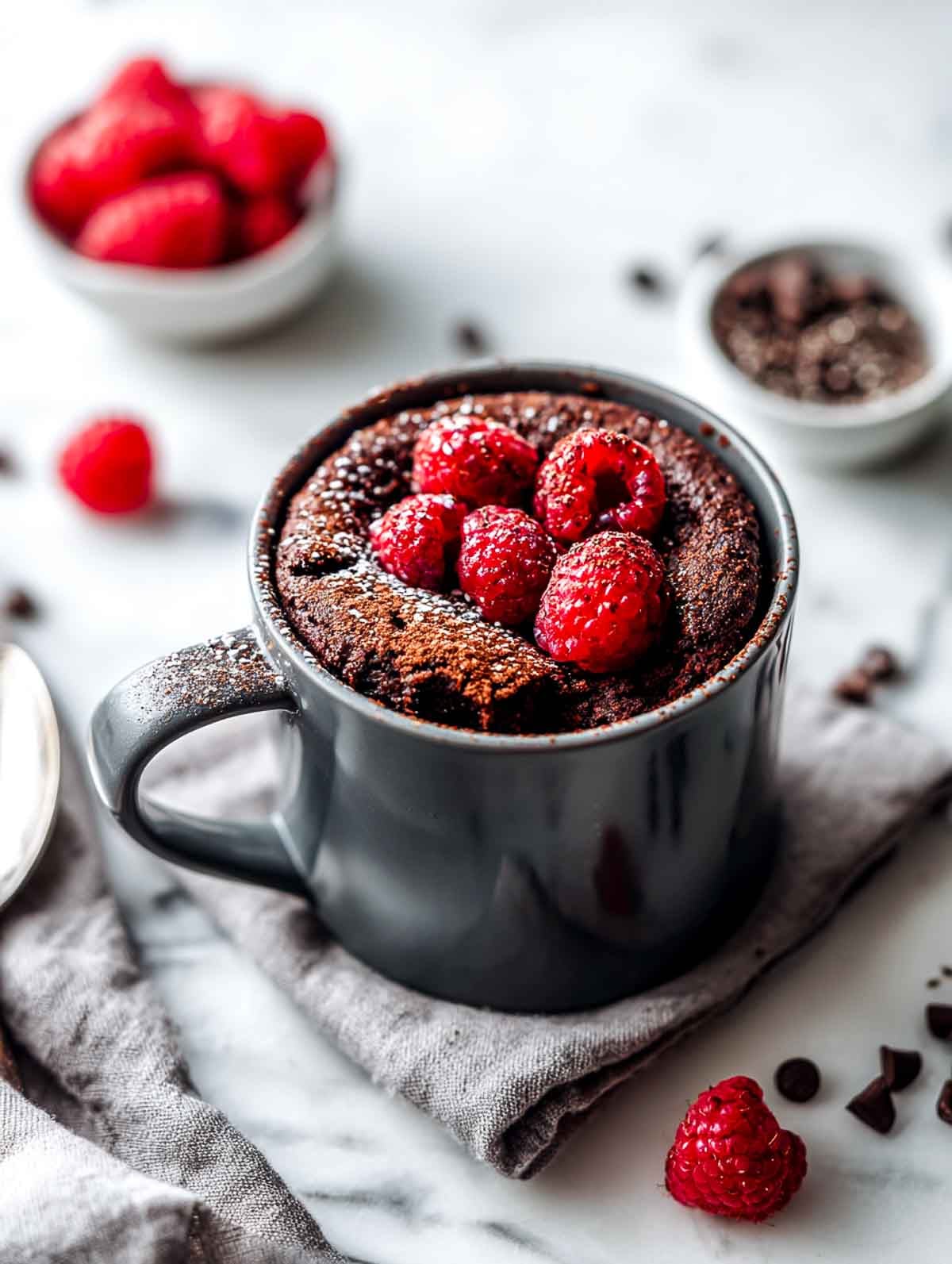 A bright angled view of a dark gray ceramic mug filled with a chocolate raspberry chia protein mug brownie, topped with fresh raspberries and a light dusting of cocoa powder, set on a white marble countertop with a neutral linen napkin and small bowls of raspberries and chocolate chips nearby.