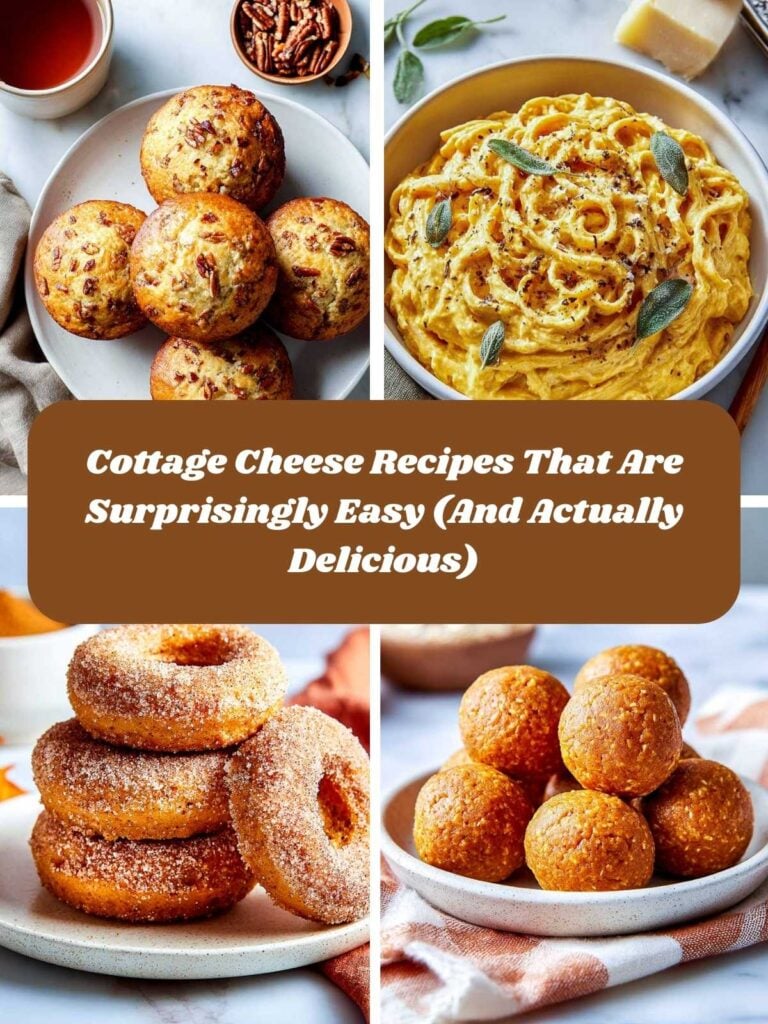 Collage of cottage cheese recipes including muffins, pasta, donuts, and snack balls