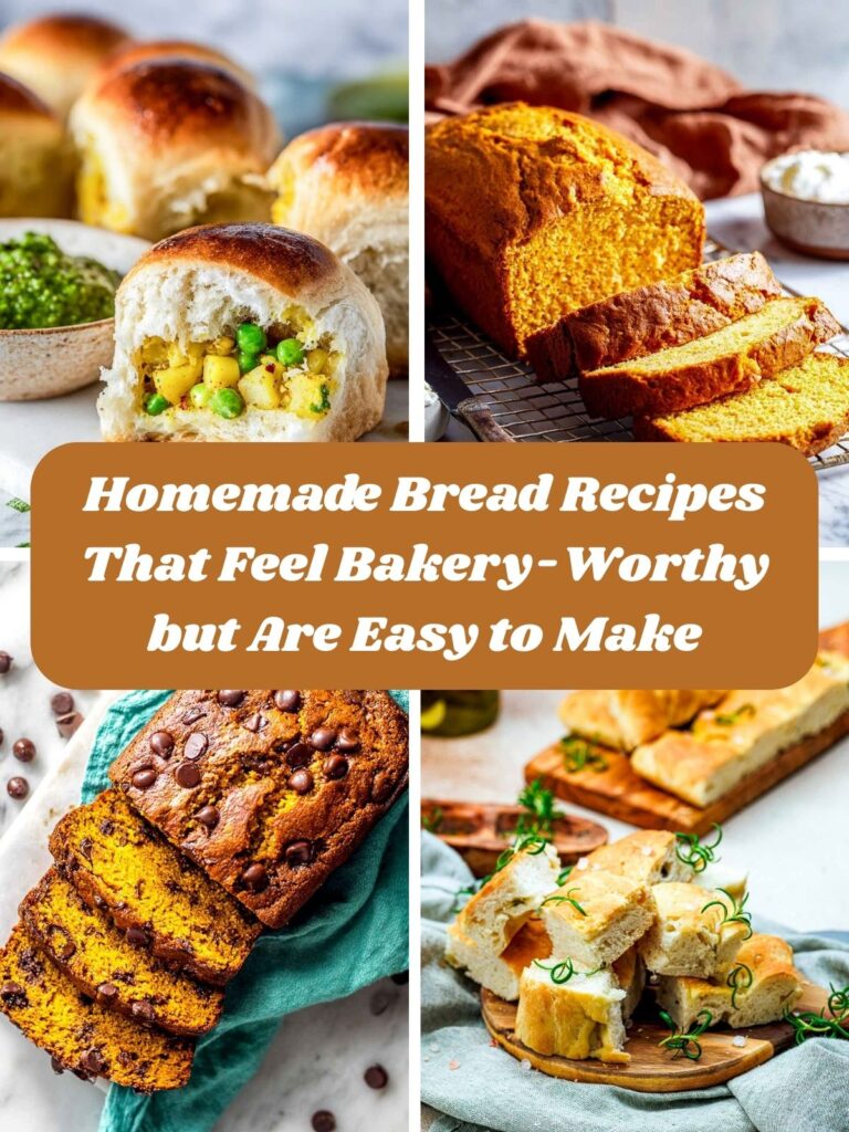 Collage of homemade bread recipes including stuffed dinner rolls, sliced pumpkin bread, chocolate chip loaf, and herbed focaccia with an overlay reading “Homemade Bread Recipes That Feel Bakery-Worthy but Are Easy to Make.”