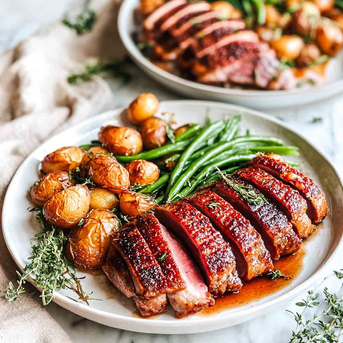 Sliced duck breast served with roasted baby potatoes and green beans.