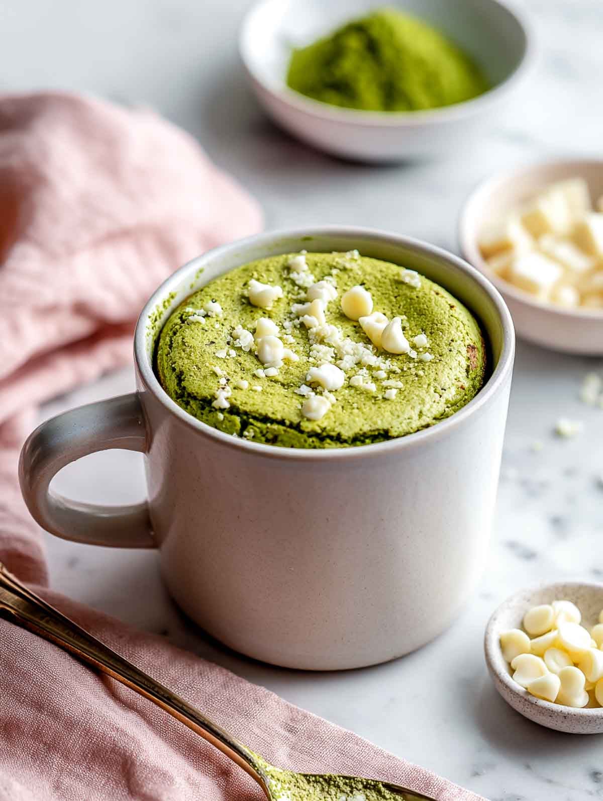 A light gray ceramic mug filled with a vibrant green matcha protein mug cake topped with white chocolate chips, set on a white marble surface with a blush pink napkin and small bowls of matcha powder and white chocolate nearby.