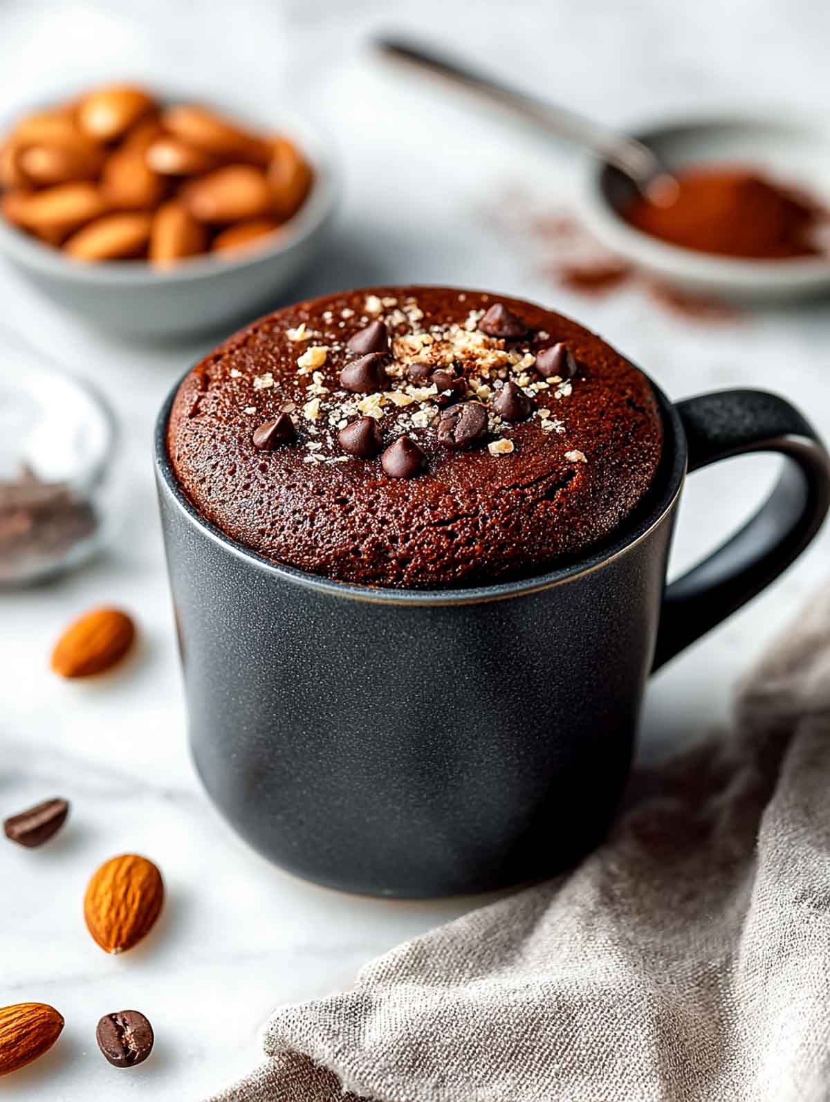A dark charcoal ceramic mug filled with a rich chocolate mocha protein mug cake topped with chopped almonds and mini chocolate chips, set on a white marble countertop with almonds and cocoa nearby.