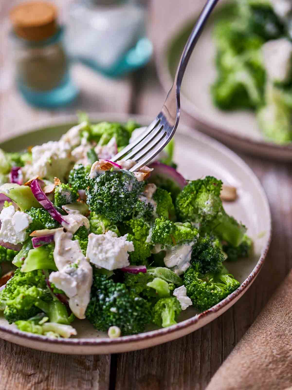 Side view of broccoli feta salad with a person lifting some salad on a fork.