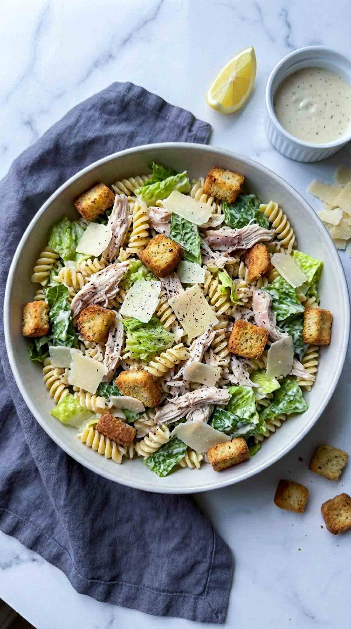Large ceramic bowl filled with rotini pasta, shredded chicken, romaine lettuce, Parmesan shavings, and golden croutons tossed in creamy Caesar dressing on a white marble surface with a charcoal napkin and small ramekin of dressing nearby.