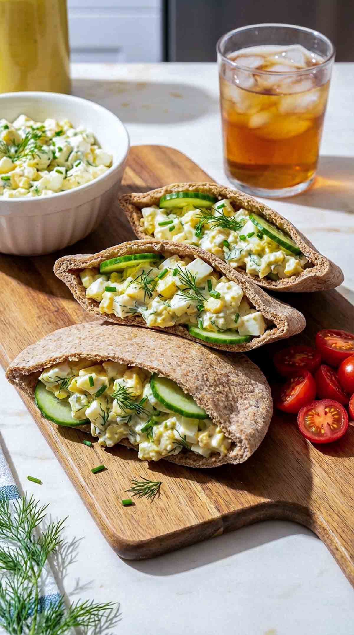 Three whole wheat pita halves stuffed with chunky Greek yogurt egg salad, sliced cucumbers, and fresh dill, arranged on a wooden board with a small bowl of extra egg salad behind them, cherry tomatoes on the side, and fresh dill scattered around.
