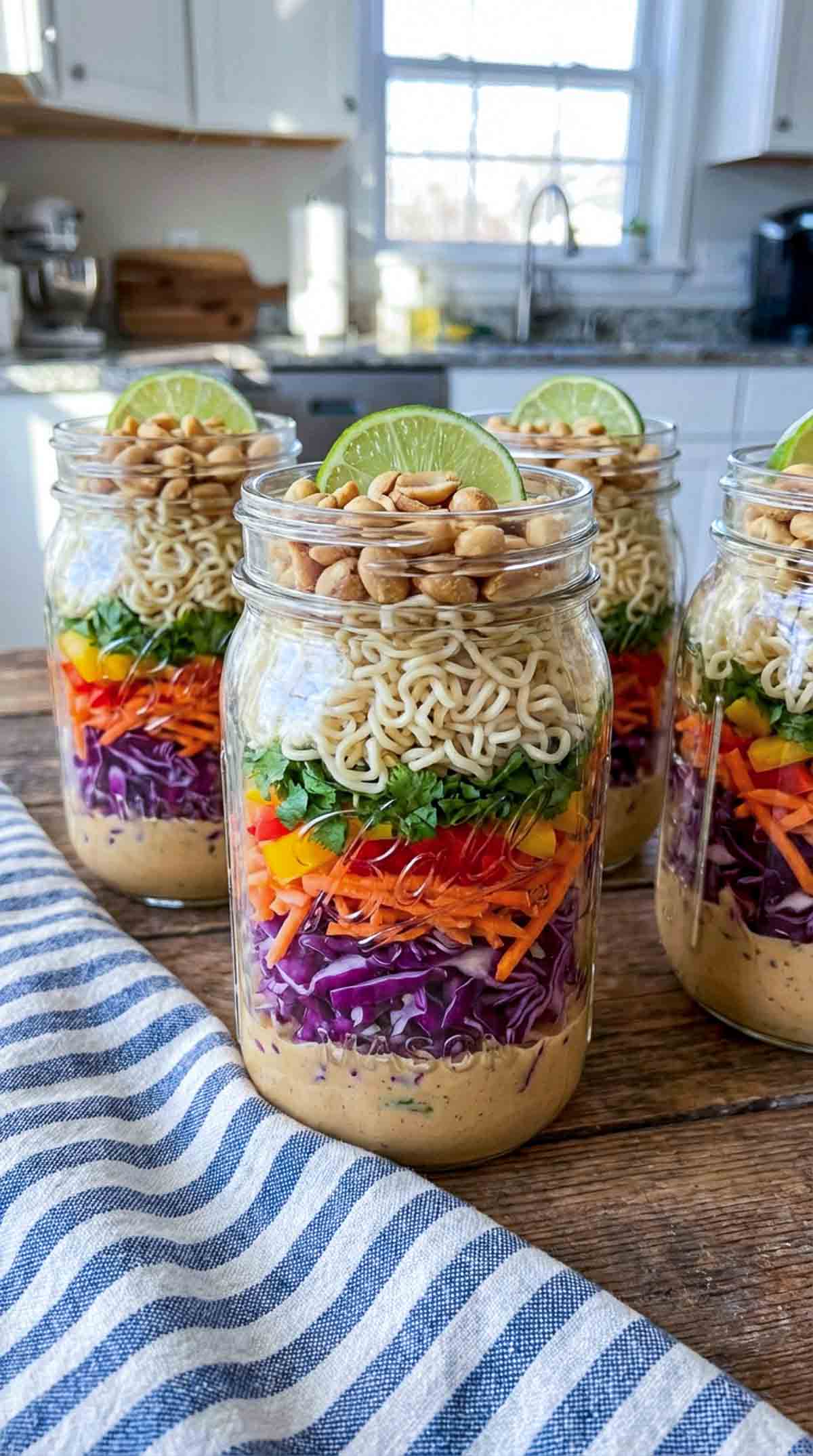 Clear mason jars layered with creamy peanut lime dressing, shredded purple and green cabbage, carrots, bell peppers, cilantro, cooked ramen noodles, and chopped peanuts on a rustic wooden table with a striped napkin nearby.