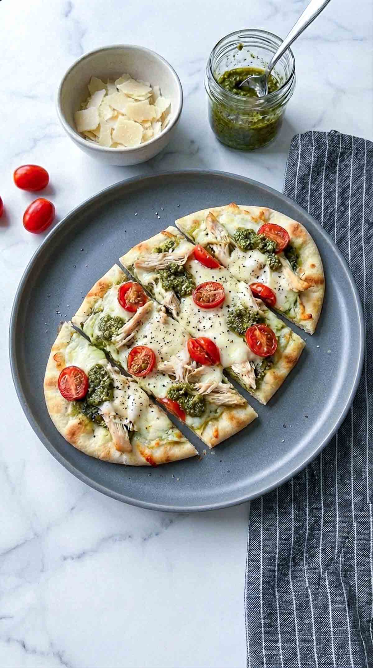 Overhead view of a rotisserie chicken pesto flatbread sliced into rectangular pieces on a muted charcoal ceramic plate over a white marble surface, topped with melted mozzarella, dollops of green pesto, shredded chicken, and halved cherry tomatoes, with a striped charcoal napkin beside the plate, a small bowl of shaved Parmesan, a jar of pesto with a spoon, and a few loose cherry tomatoes nearby.