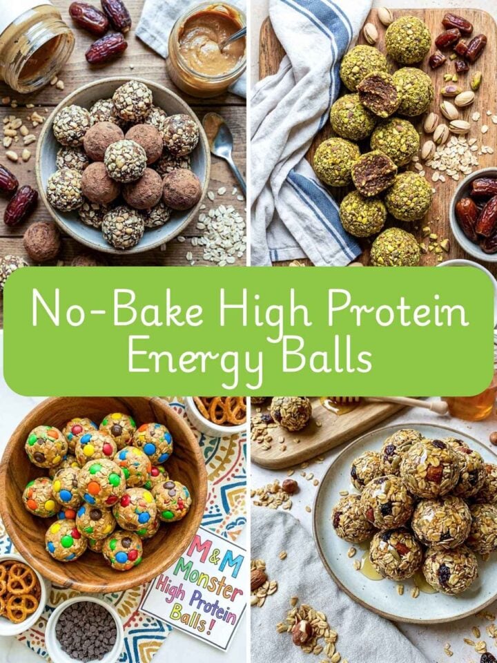 A four-image collage of high protein energy balls with text overlay.