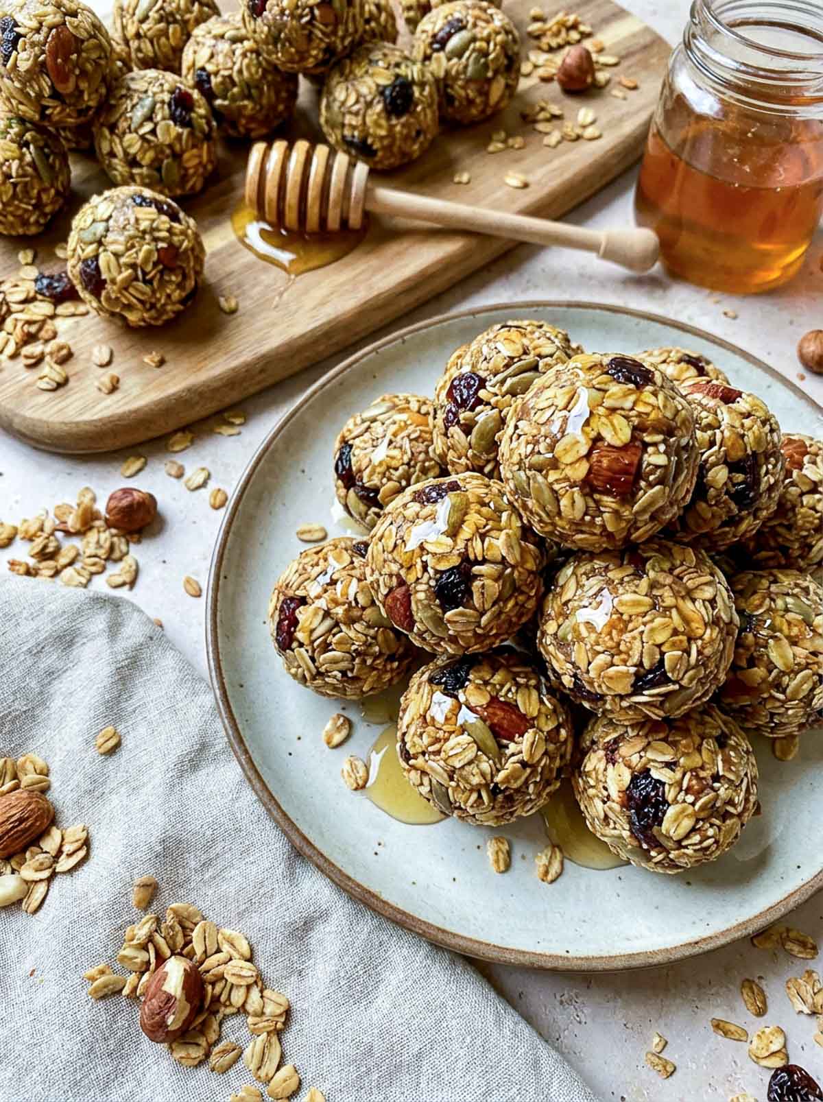 Breakfast granola high-protein energy balls packed with oats, almonds, pepitas, and dried fruit on a speckled ceramic plate, with a honey dipper, jar of honey, and scattered oats and almonds on a linen cloth and wooden board.