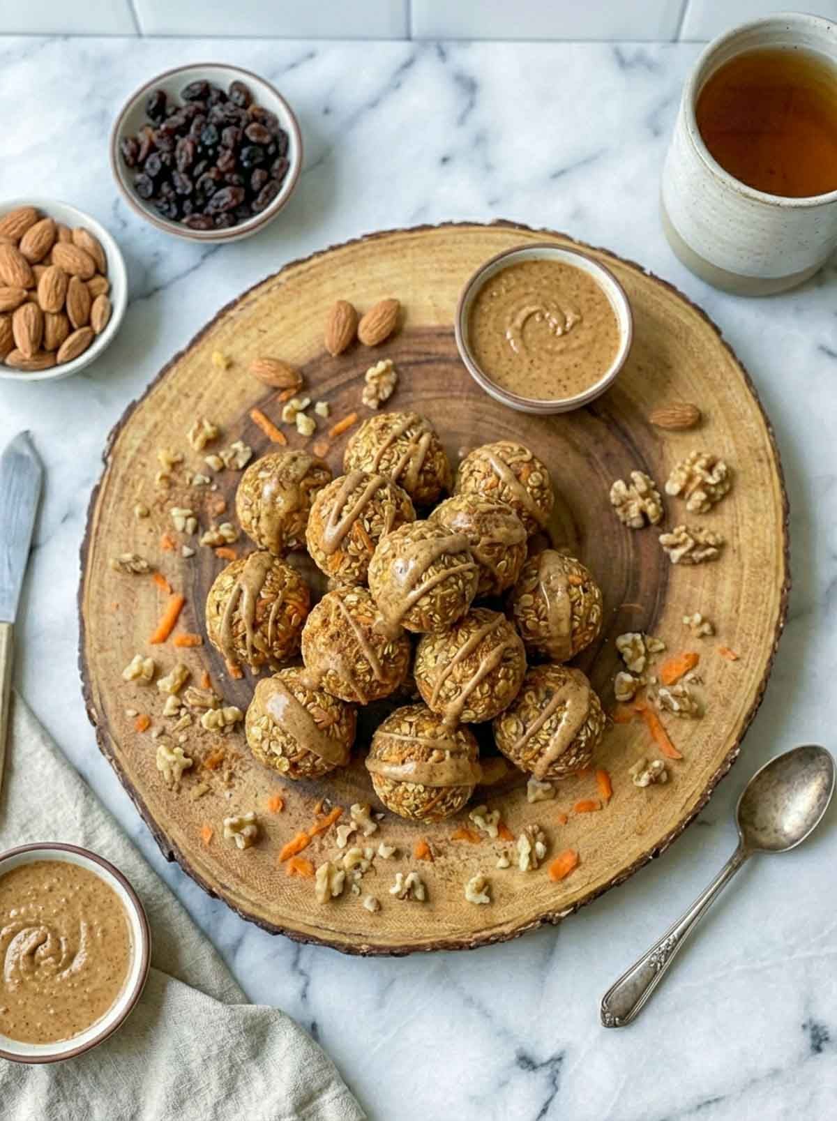 Carrot cake high-protein energy balls with almond butter drizzle on a rustic wooden board, surrounded by chopped walnuts, shredded carrot, raisins, raw almonds, and small bowls of almond butter.