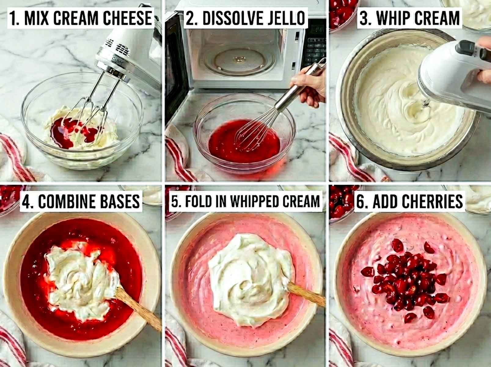 Step-by-step process showing mixing cream cheese, dissolving cherry gelatin, whipping cream, combining mixtures, and folding in cherries for cherry cheesecake fluff.