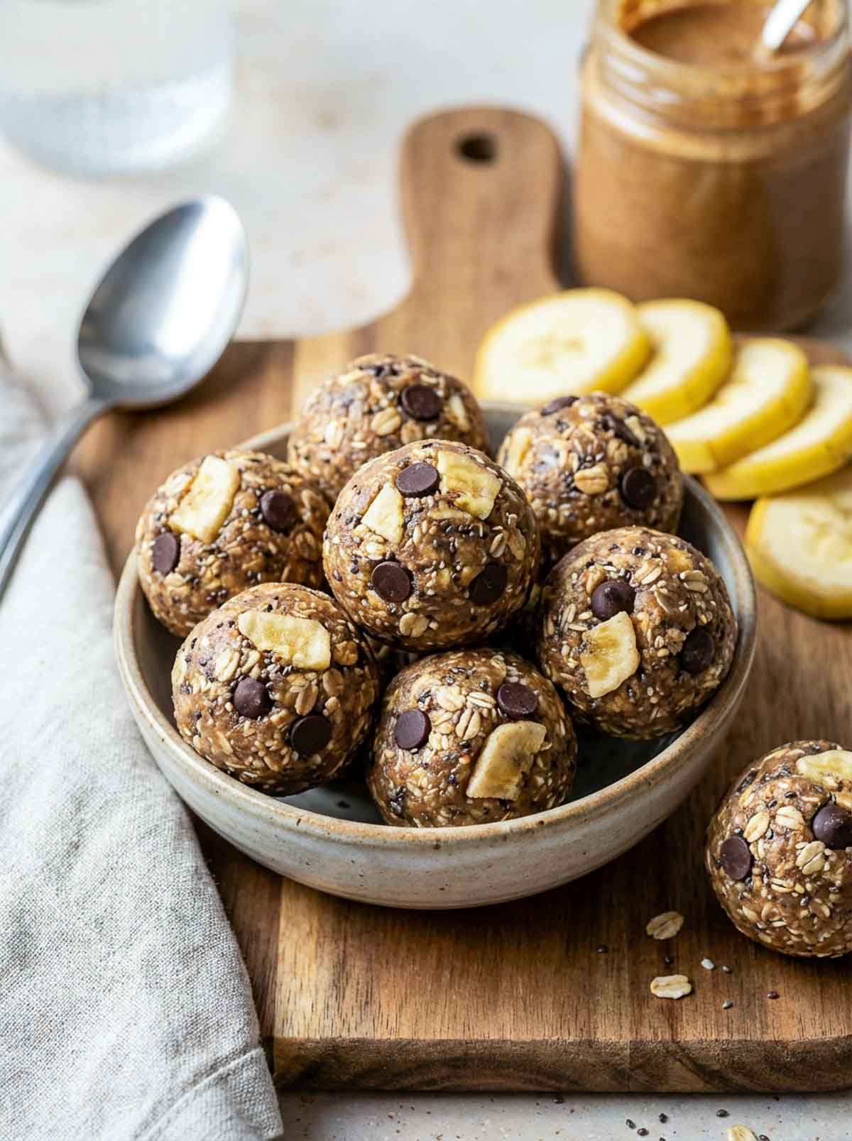 Chocolate chip banana high-protein breakfast energy balls with chia seeds and banana chip pieces in a ceramic bowl, with sliced banana and a jar of peanut butter on a wooden board in the background.