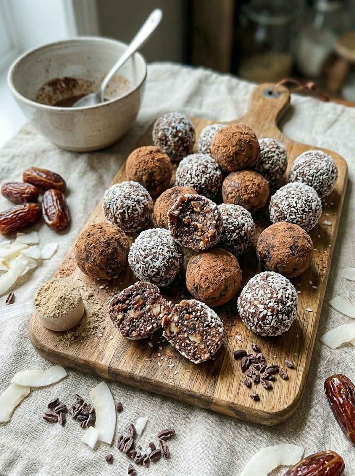 Vegan chocolate coconut high-protein energy balls on a rustic wooden board finished two ways — rolled in shredded coconut and dusted with cocoa powder — with cut balls showing a chunky date and cacao nib interior, whole medjool dates, coconut flakes, and cacao nibs scattered around.