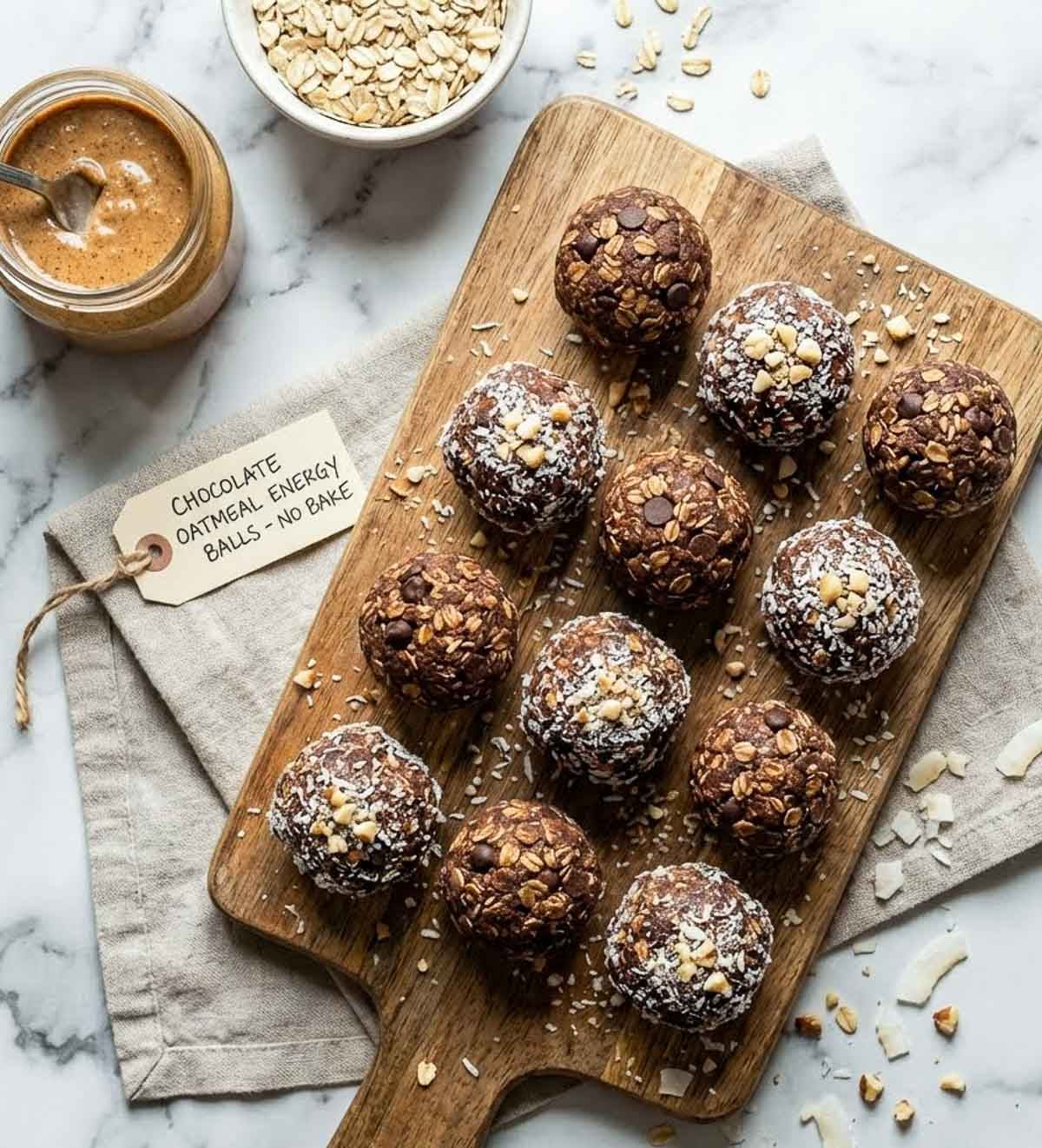 Chocolate oatmeal high-protein energy balls on a wooden board, some rolled in shredded coconut with chopped peanuts on top and some left plain with chocolate chips, with a jar of almond butter, a bowl of rolled oats, and toasted coconut flakes on a marble surface.