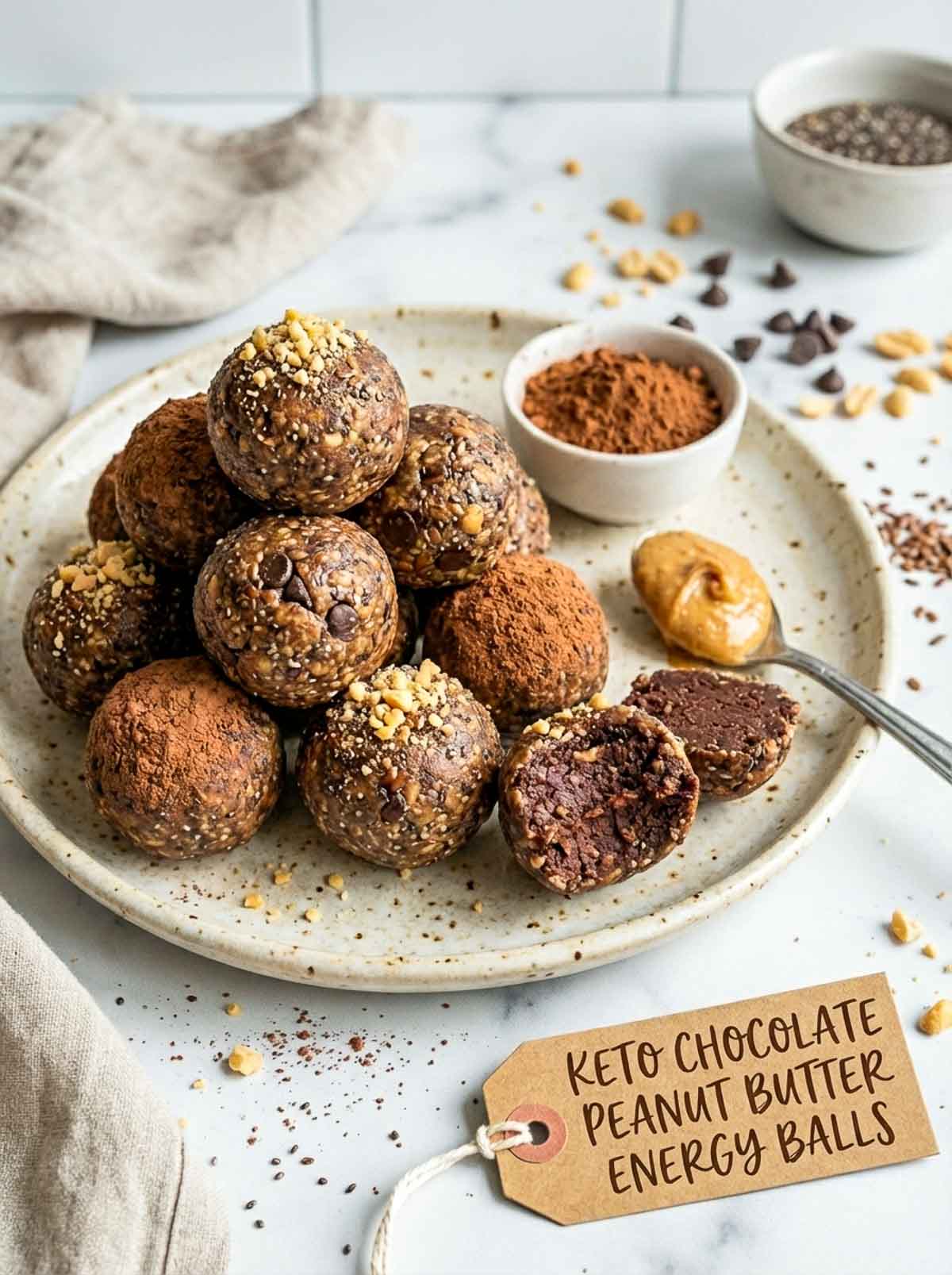 Keto chocolate peanut butter high-protein energy balls dusted with cocoa powder and rolled in chia seeds and crushed peanuts on a speckled ceramic plate, with a bowl of cocoa powder, mini chocolate chips, and a spoonful of peanut butter on a marble surface.