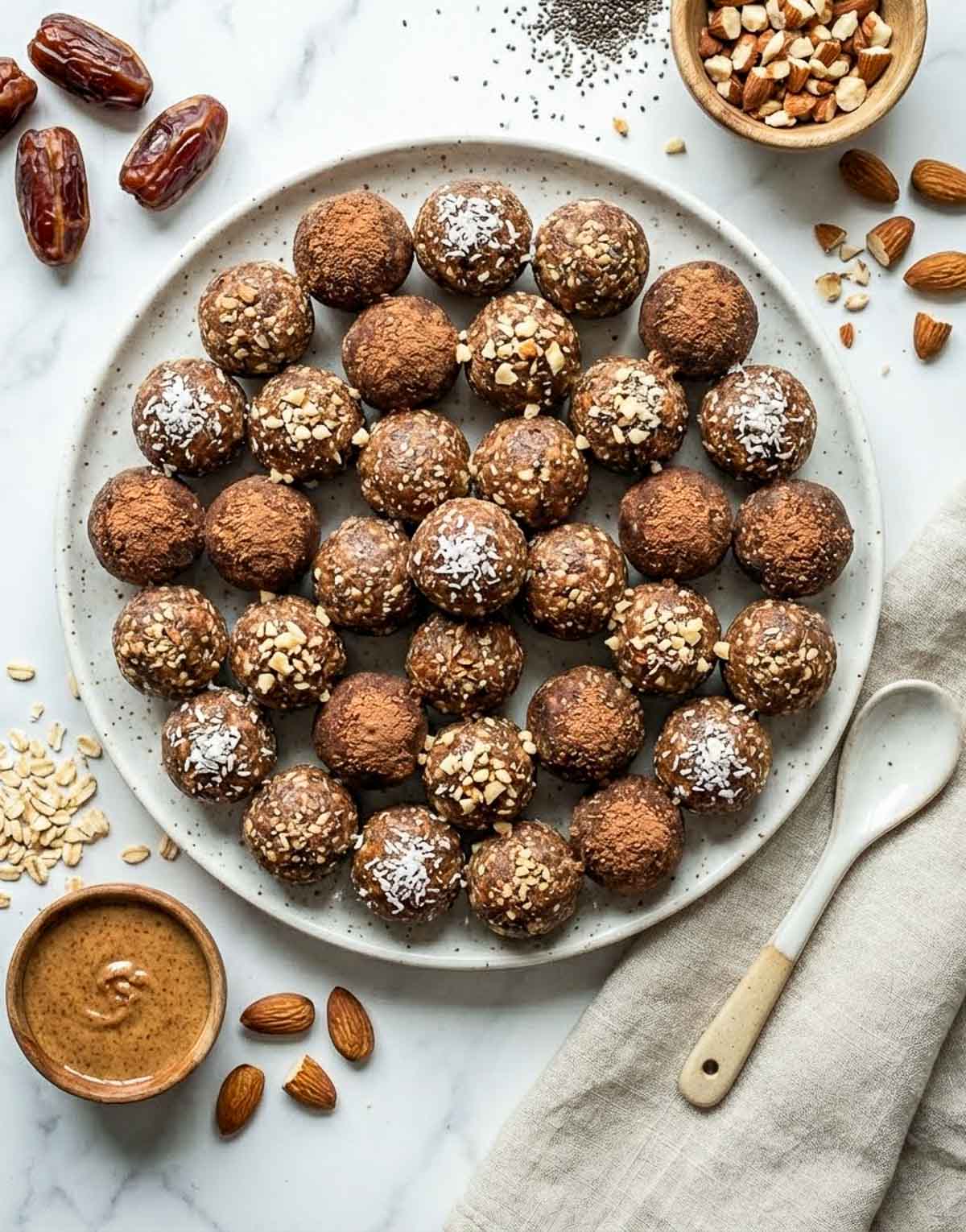 Date almond high-protein energy balls on a large speckled ceramic plate finished three ways — dusted with cocoa powder, rolled in chopped almonds, and topped with shredded coconut — with whole medjool dates, raw almonds, chia seeds, and a bowl of almond butter on a marble surface.