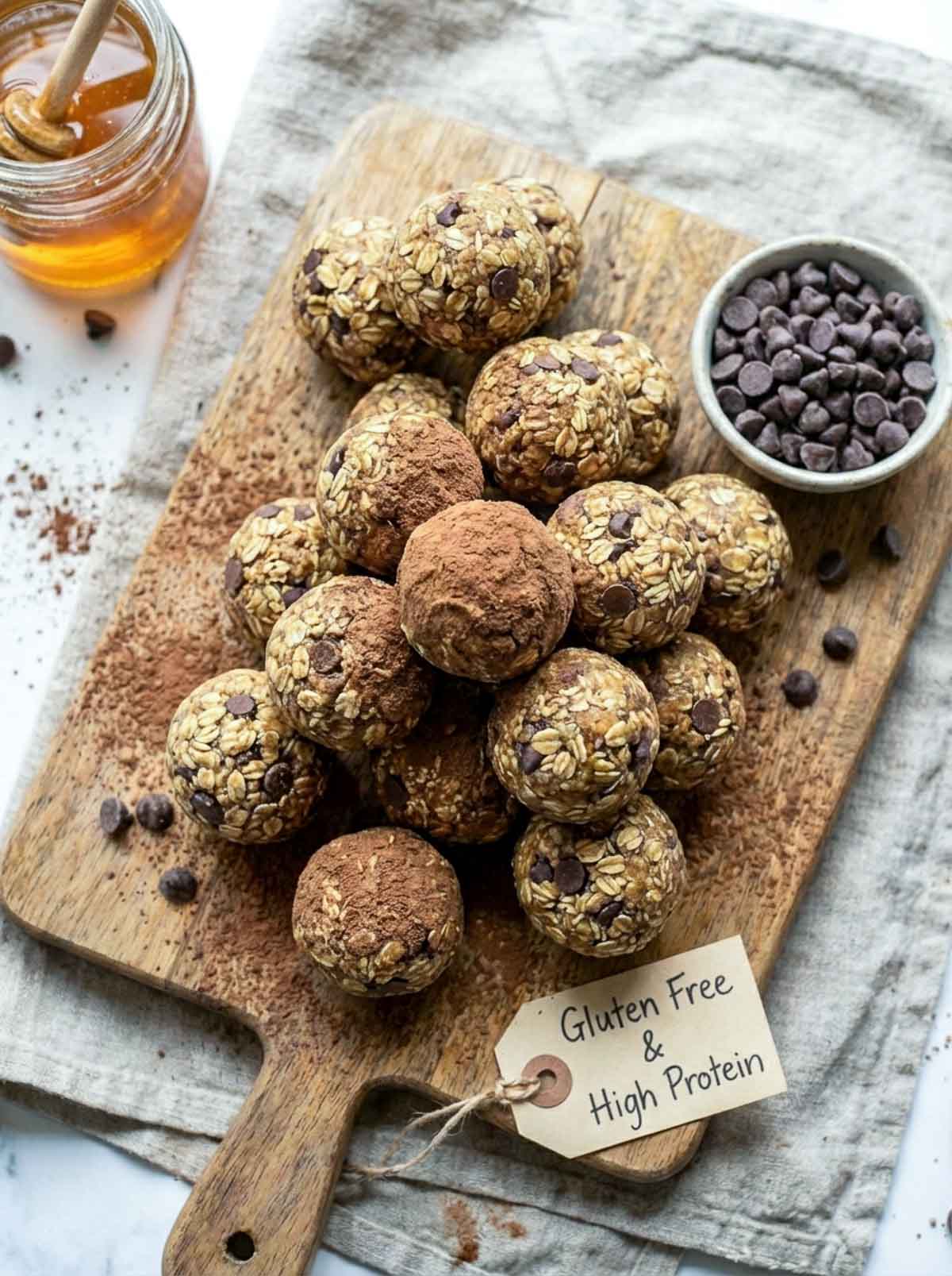 Gluten free chocolate chip high-protein energy balls on a wooden board, some dusted with cocoa powder and some left plain, with a jar of honey, a honey dipper, and a bowl of chocolate chips alongside a linen cloth.