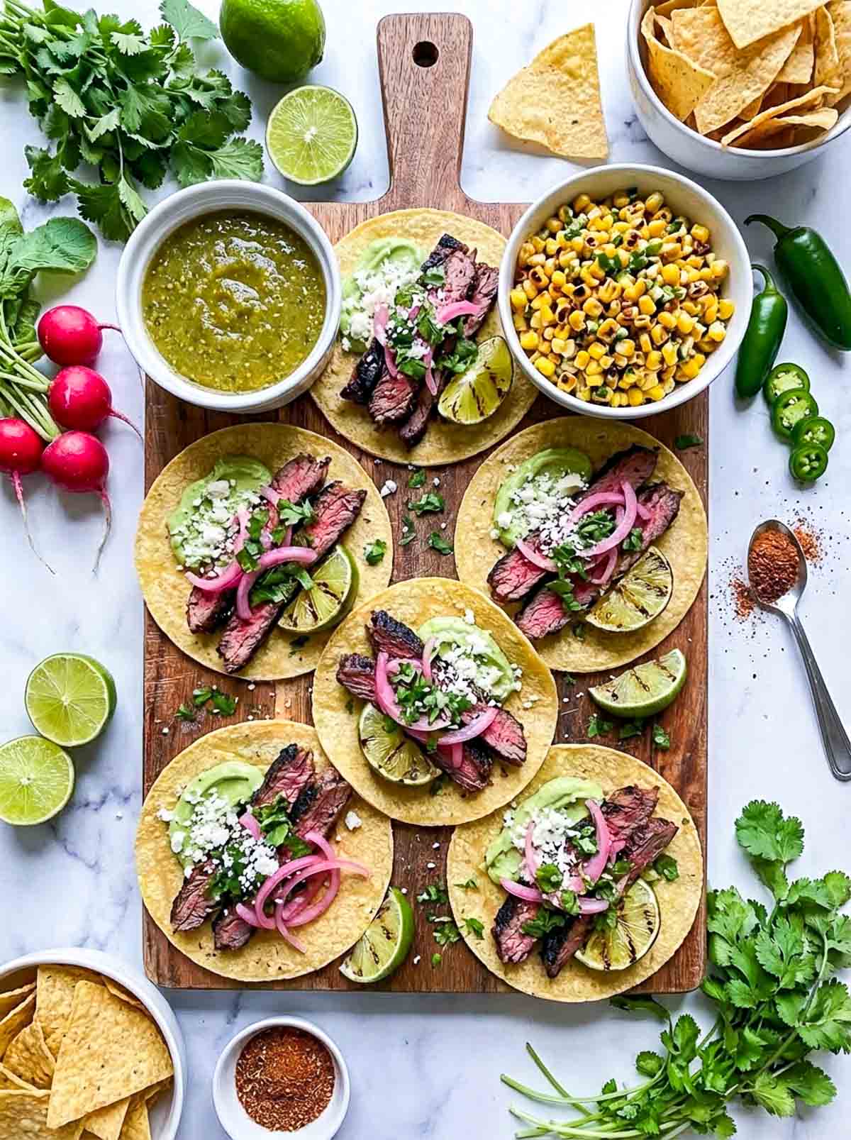 Lime and cilantro flavored steak tacos on a wooden board.