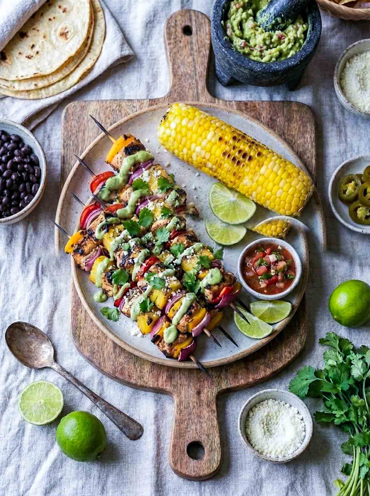 Pineapple and chicken skewers served in a wooden board.