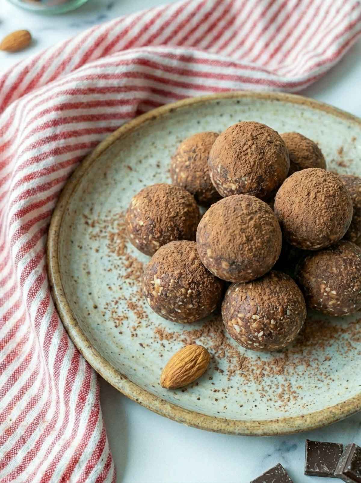 Low carb almond chocolate high-protein energy balls dusted with cocoa powder stacked on a speckled ceramic plate, with a whole raw almond and chunks of dark chocolate on a marble surface beside a red striped cloth.