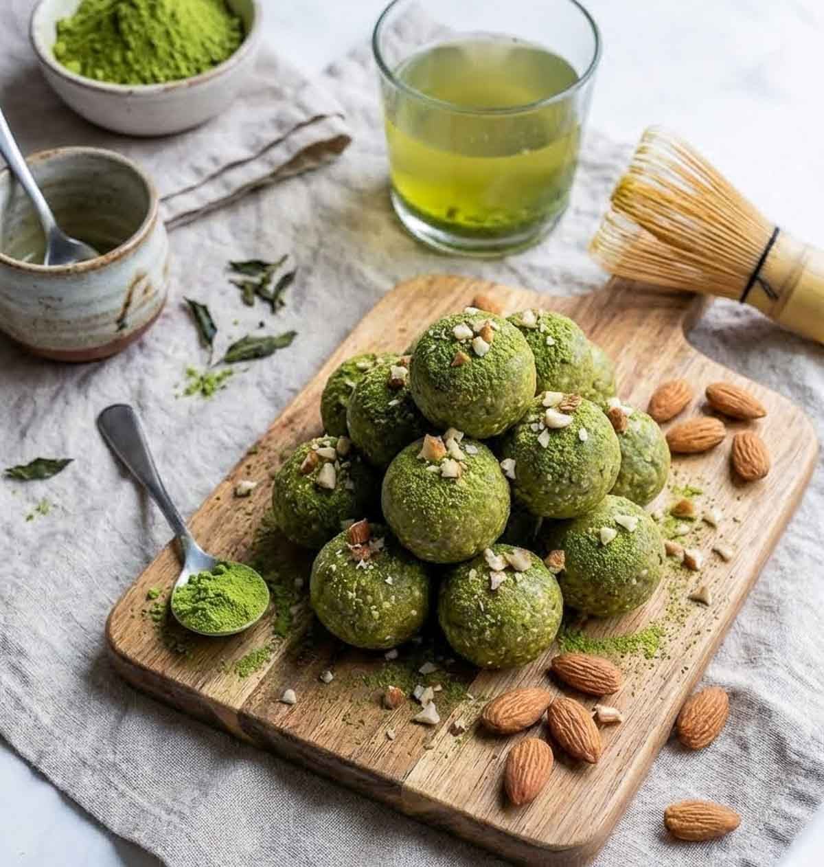 Low carb matcha almond high-protein energy balls dusted with matcha powder and topped with chopped almonds on a wooden board, with a spoonful of matcha, raw almonds, a glass of matcha tea, and a bamboo matcha whisk on a linen cloth.