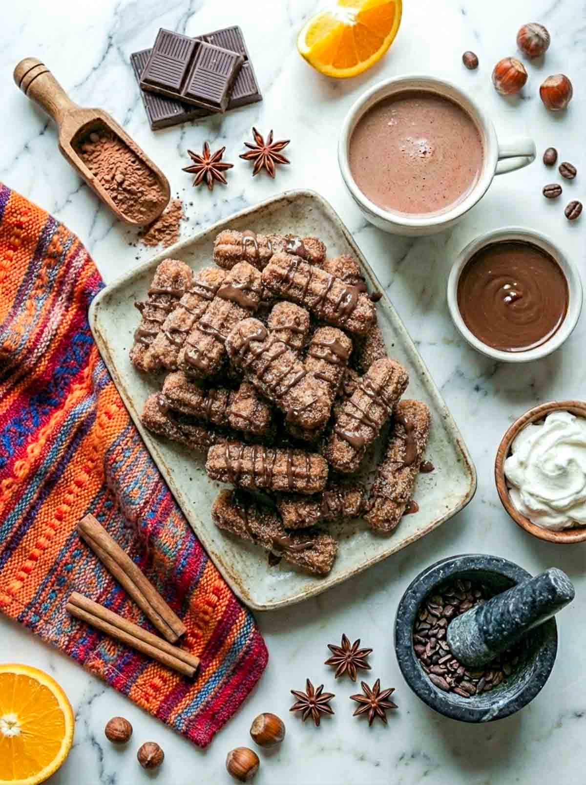 A plate of chocolate churro bites drizzled with chocolate syrup and served with hot chocolate.