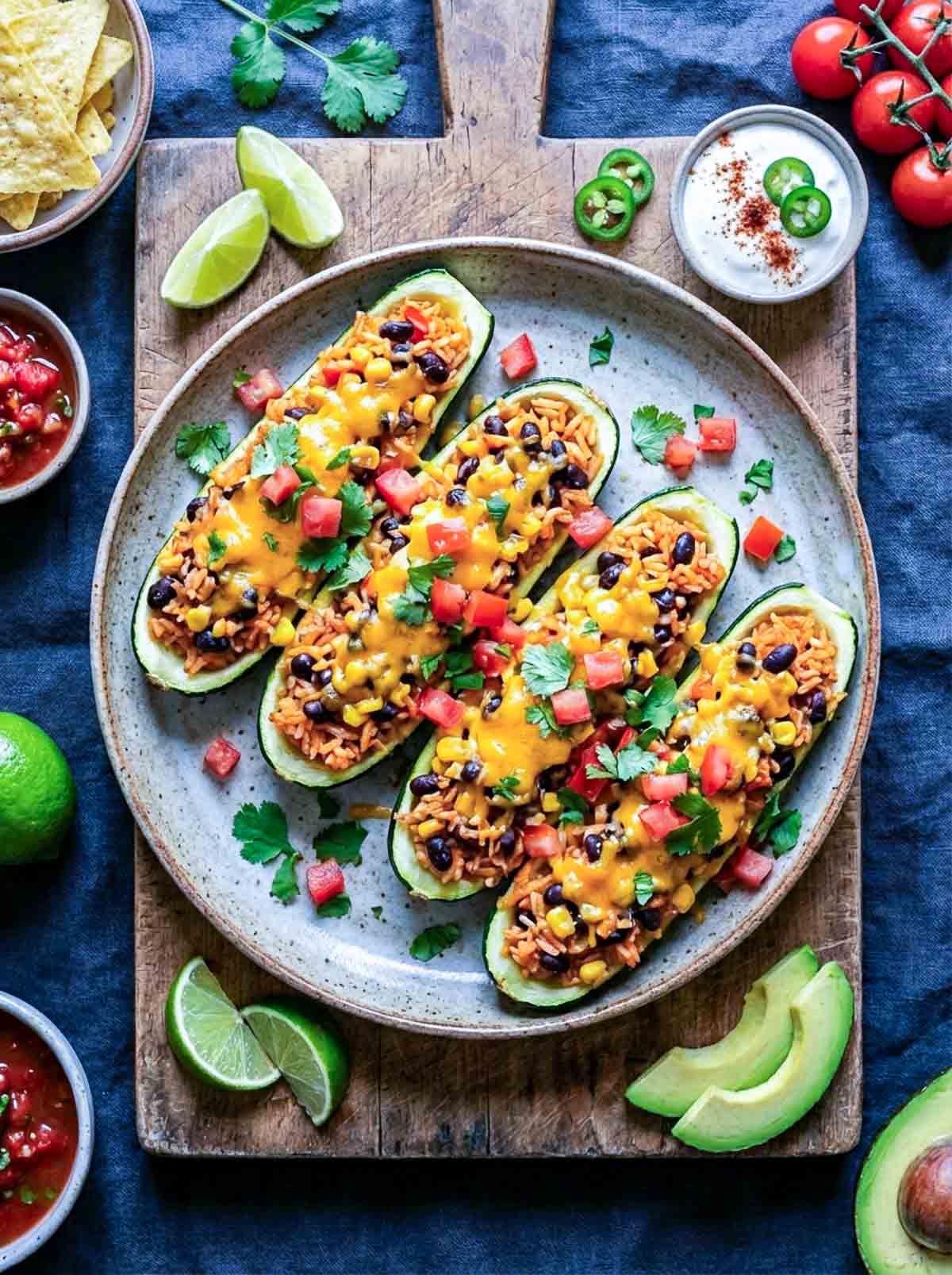 Zucchini boats stuffed with rice and topped with melty cheese placed on a white serving plate.