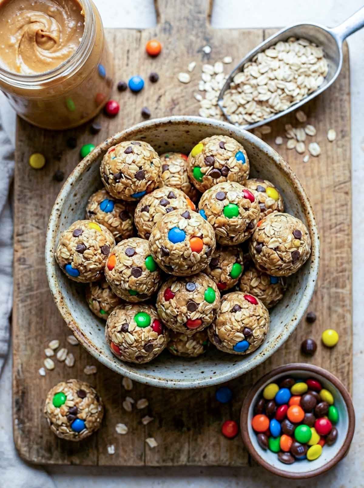 Monster cookie high-protein energy balls with colorful M&Ms and mini chocolate chips in a speckled ceramic bowl, with a jar of peanut butter, a scoop of rolled oats, and a small bowl of M&Ms on a rustic wooden board.