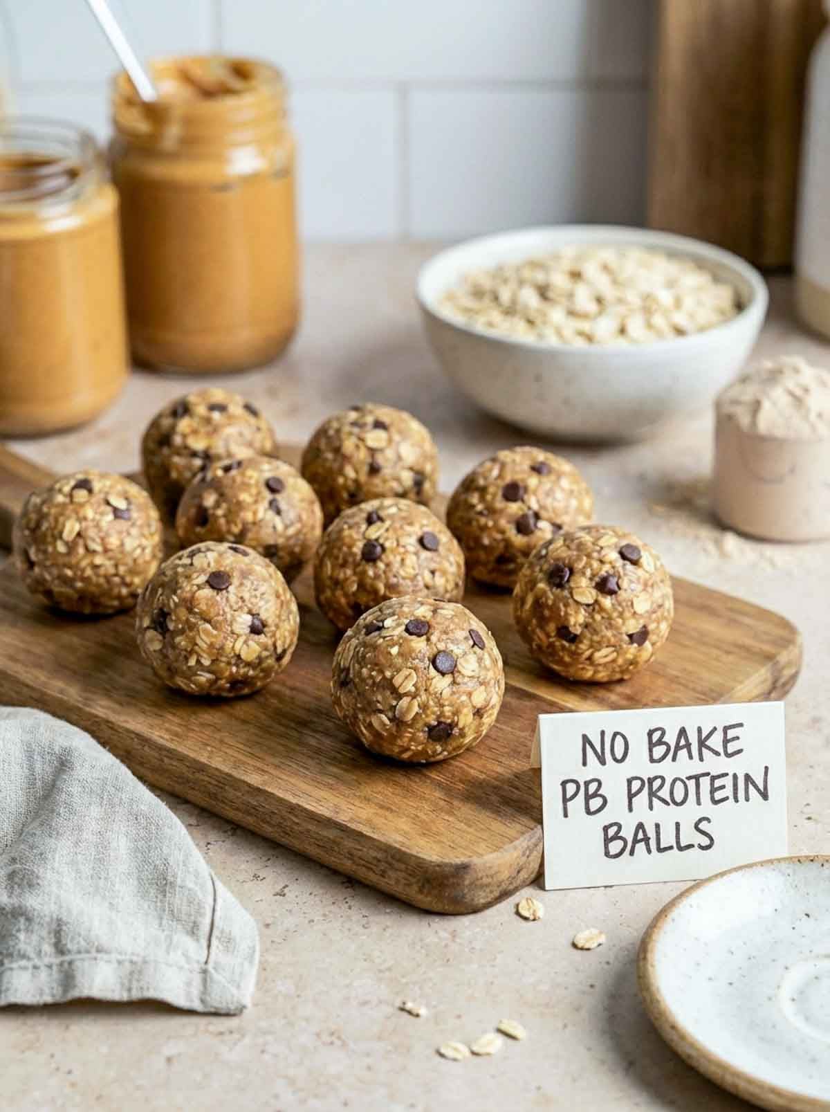 Peanut butter oatmeal high-protein energy balls with mini chocolate chips on a wooden cutting board, with a jar of peanut butter, rolled oats, and protein powder in the background.