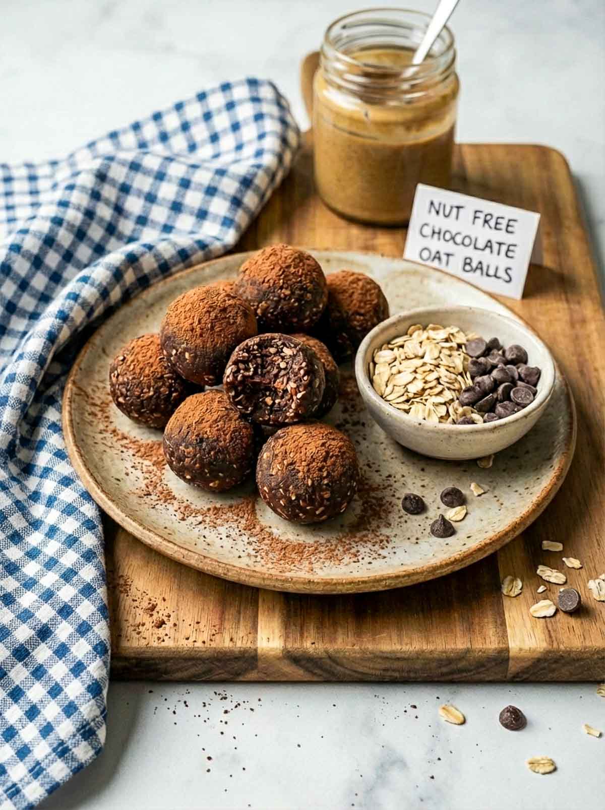Nut free chocolate oat high-protein energy balls dusted with cocoa powder on a rustic ceramic plate, with a small bowl of rolled oats and chocolate chips, a jar of sunflower seed butter, and a blue checkered cloth on a wooden board.
