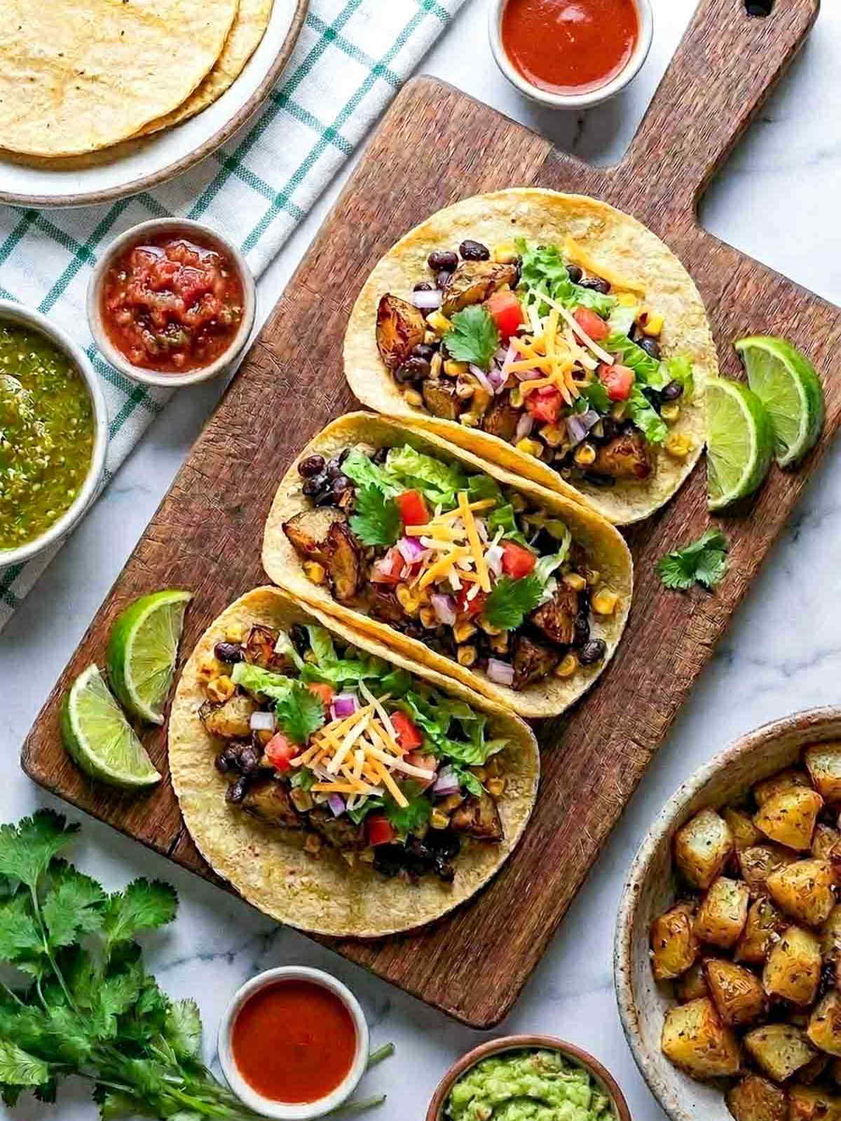 Three roasted potato and black bean tacos on a wooden cutting board, topped with corn, shredded cheese, diced tomato, red onion, and cilantro, surrounded by lime wedges, salsa, and guacamole.