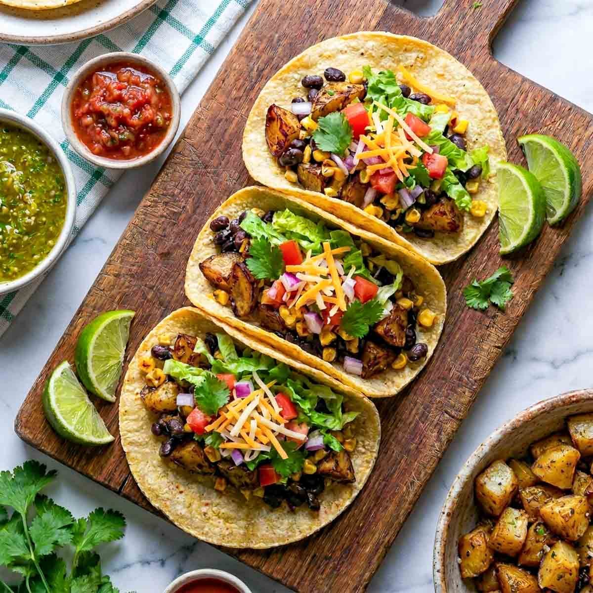 Overhead view of three potato and black bean tacos on a rustic wooden board with corn tortillas, fresh toppings, and bowls of red and green salsa on the side.