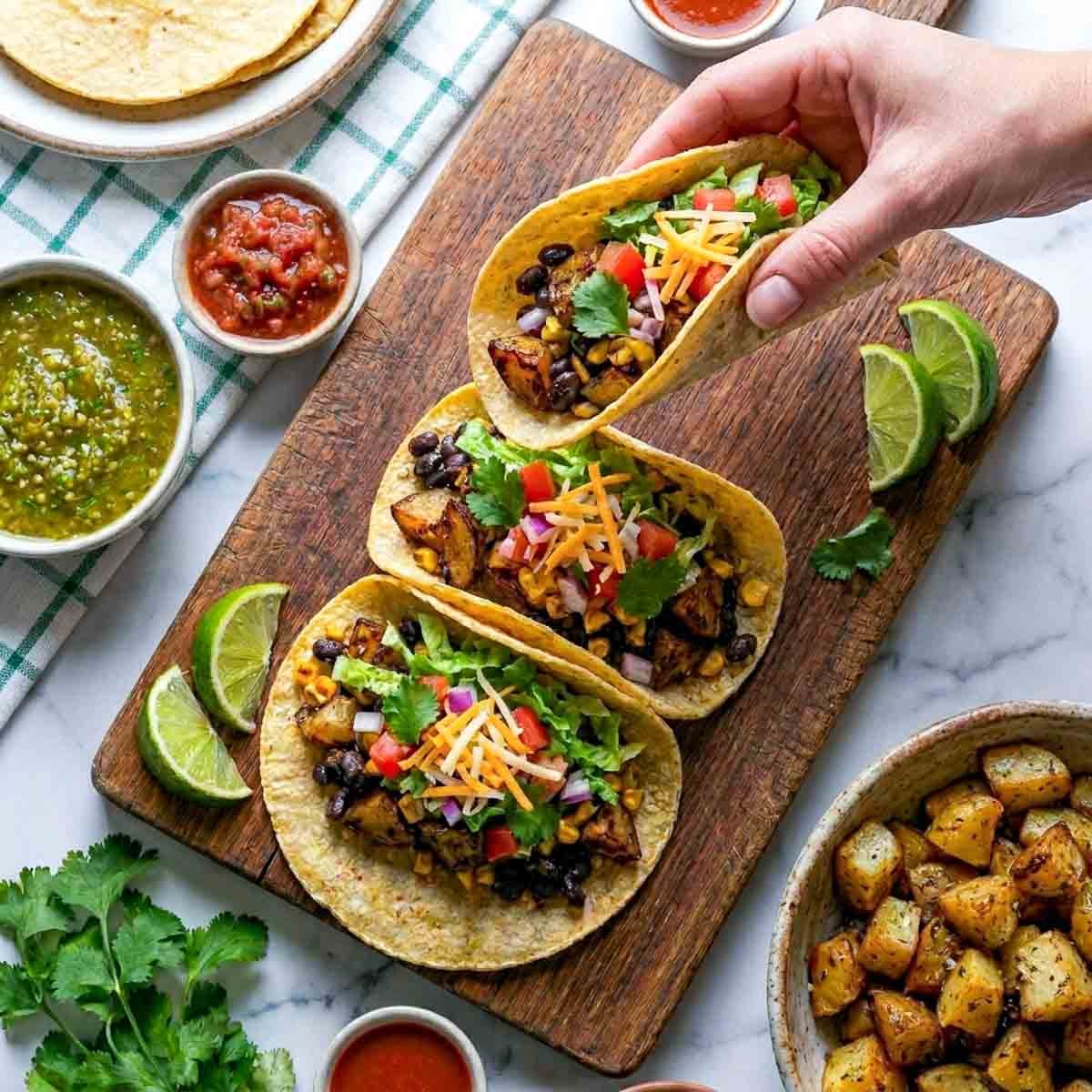 Hand picking up a roasted potato and black bean taco from a wooden cutting board, with two remaining tacos and condiment bowls in the background.