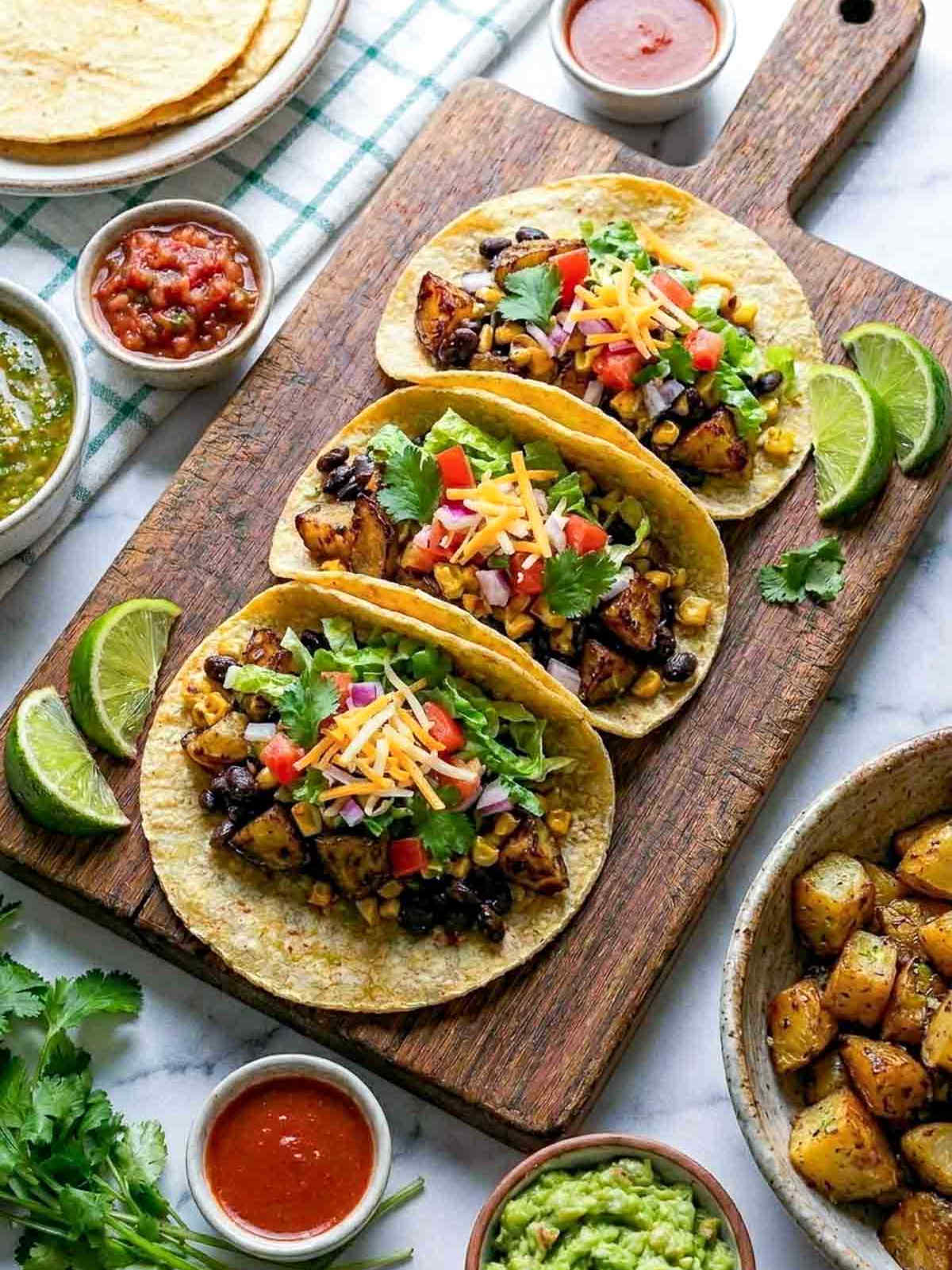 Three loaded black bean and roasted potato tacos on a wooden board with lime wedges, guacamole, and two salsas on a white marble surface.