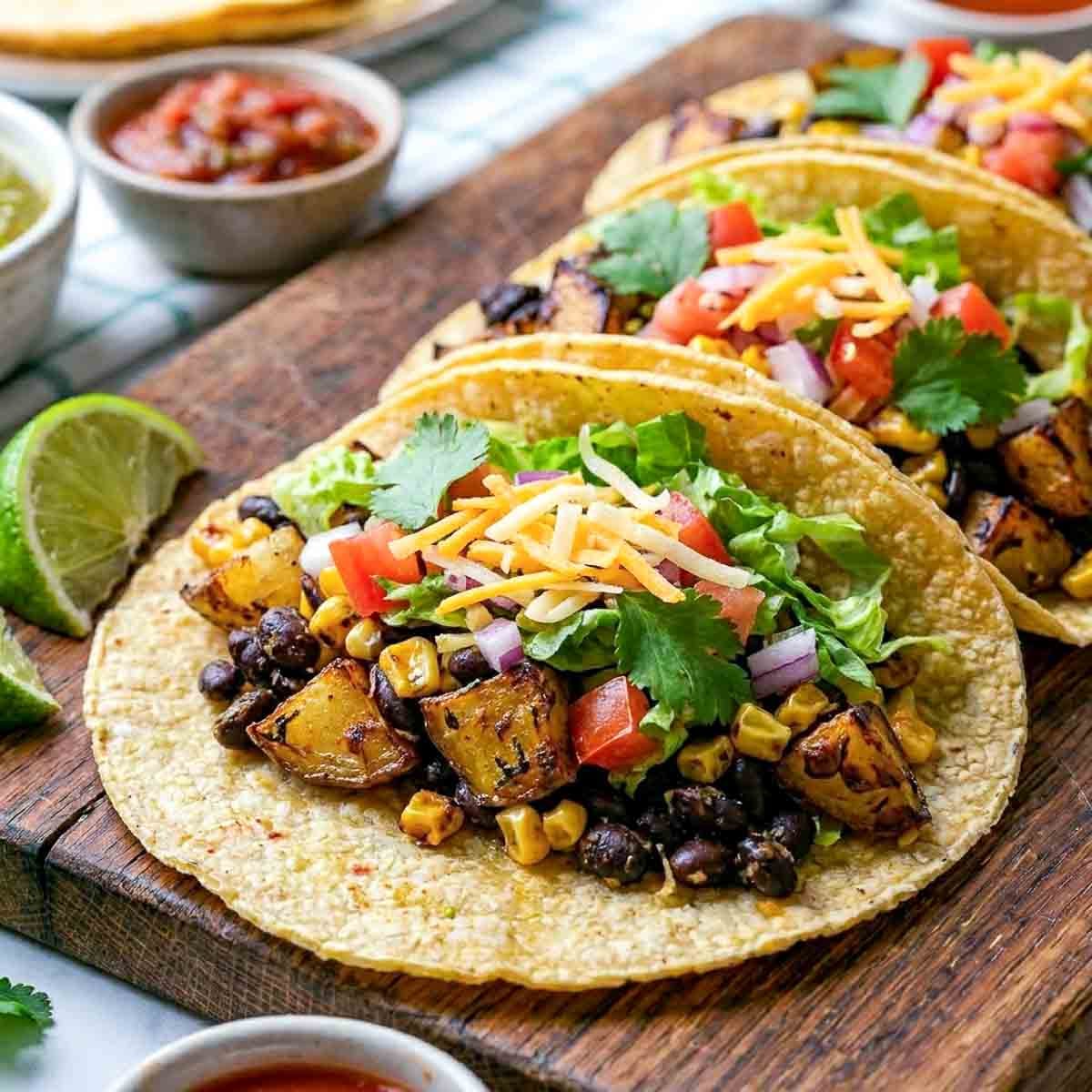 Close-up of a roasted potato and black bean taco in a corn tortilla, filled with seasoned potatoes, black beans, corn, shredded cheese, tomato, and cilantro.