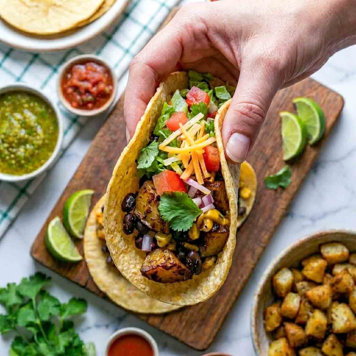 Hand holding a single roasted potato and black bean taco close to the camera, showing the crispy potato chunks, black beans, corn, and fresh toppings in a corn tortilla.