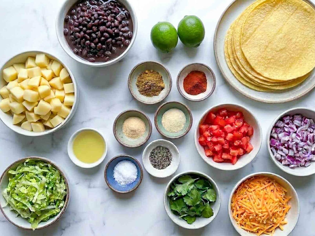 Flat lay of ingredients for potato and black bean tacos including diced potatoes, black beans, corn tortillas, spices, diced tomato, red onion, shredded cheese, lettuce, cilantro, and limes on a white marble surface.