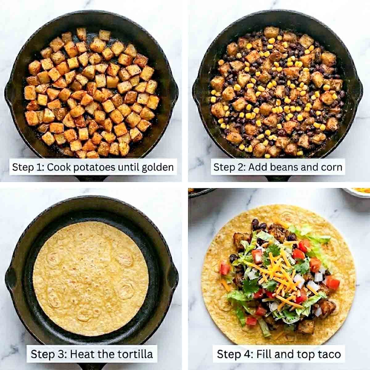 Four-step process collage showing how to make potato and black bean tacos: cooking potatoes until golden, adding beans and corn, heating the tortilla, and assembling the finished taco with toppings.