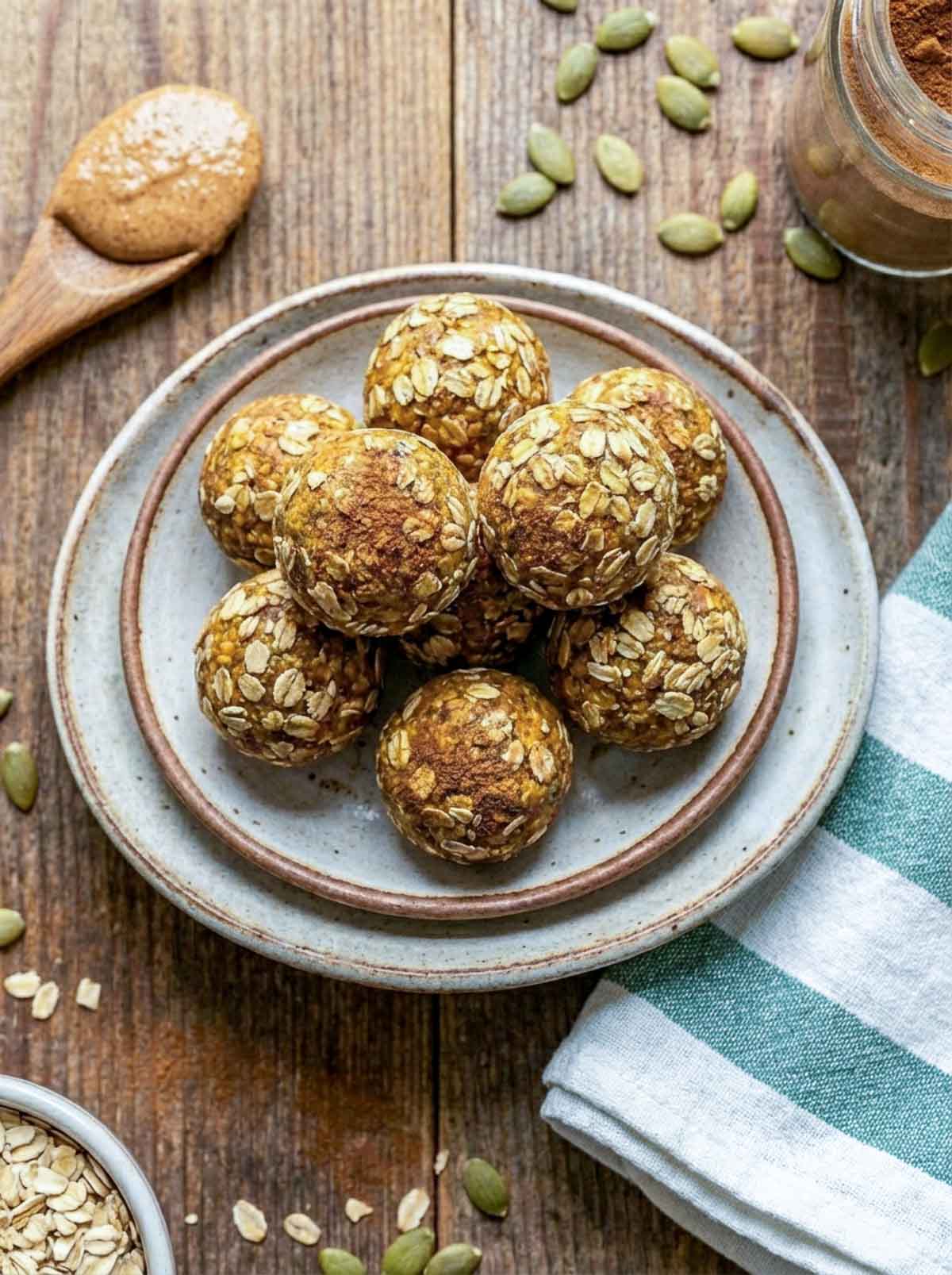 Pumpkin spice high-protein energy balls with oats on a speckled ceramic plate, surrounded by scattered pepitas, rolled oats, a wooden spoon of almond butter, and a jar of cinnamon on a rustic wooden surface with a teal striped cloth.