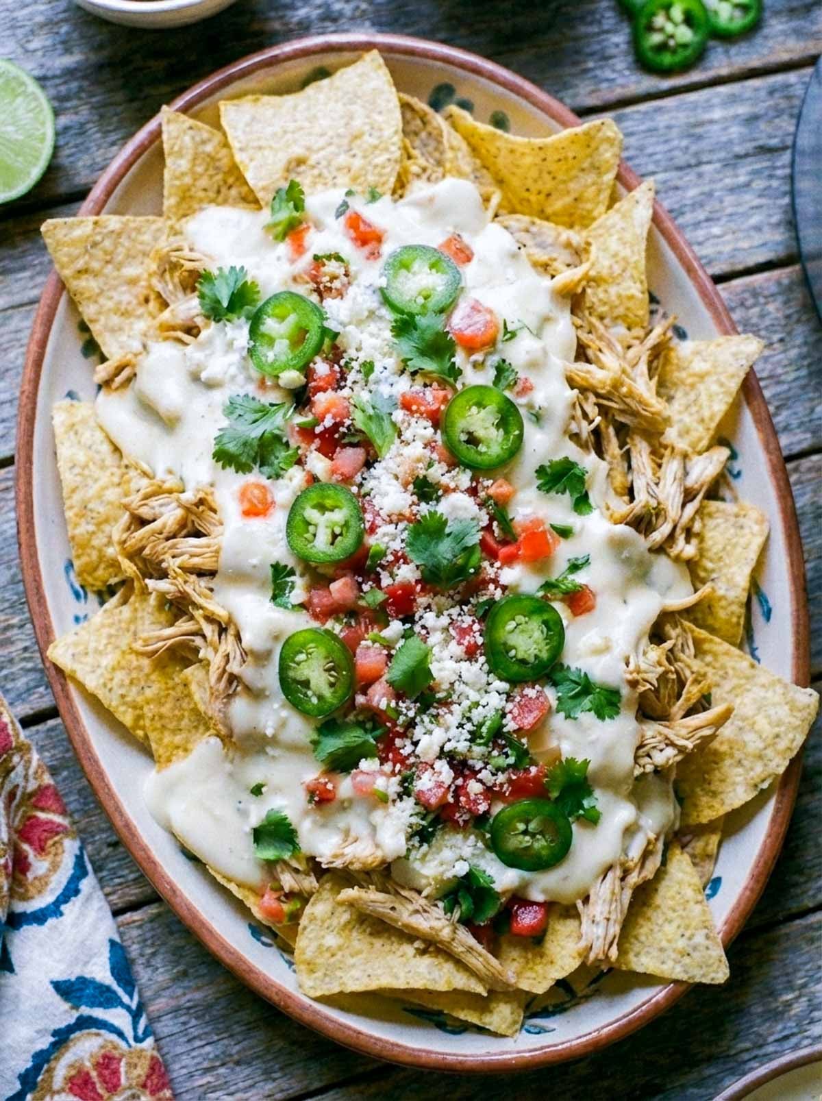 A tray of queso blanco chicken nachos with crockpot in the background.