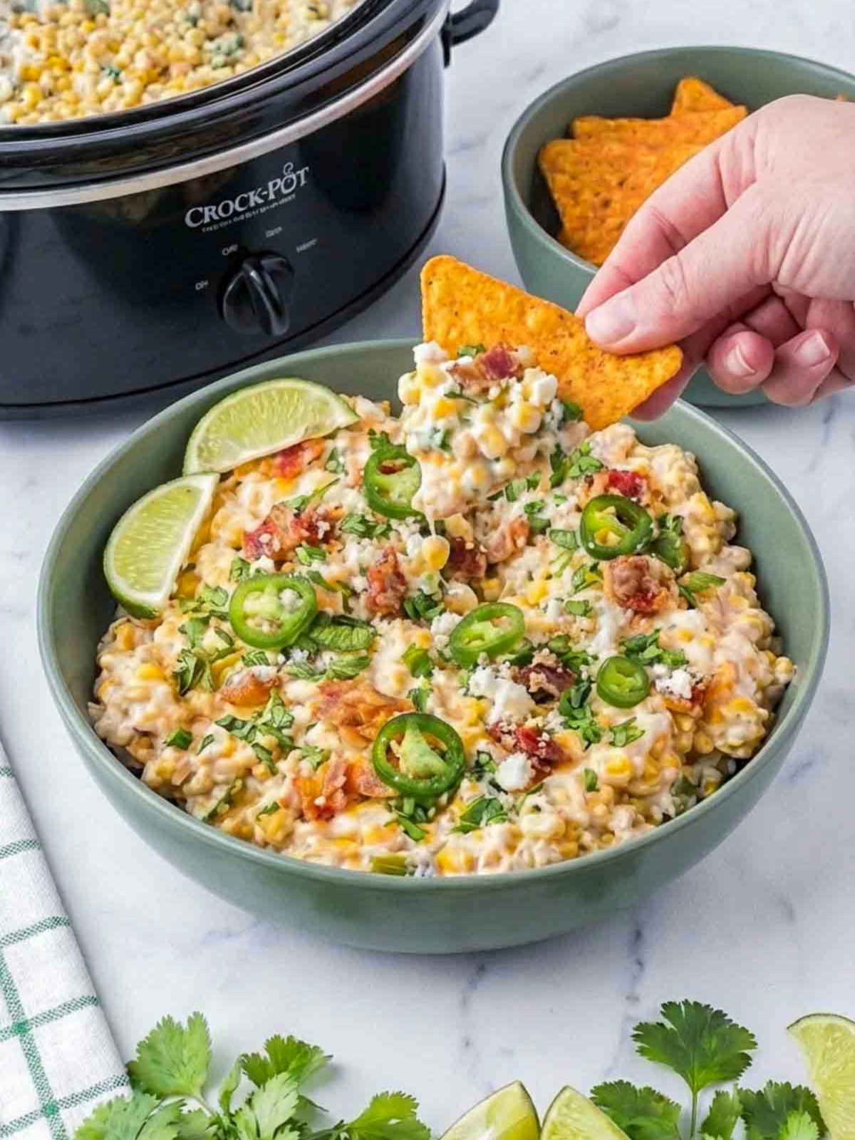 Person scooping street corn dip using a tortilla chip. 